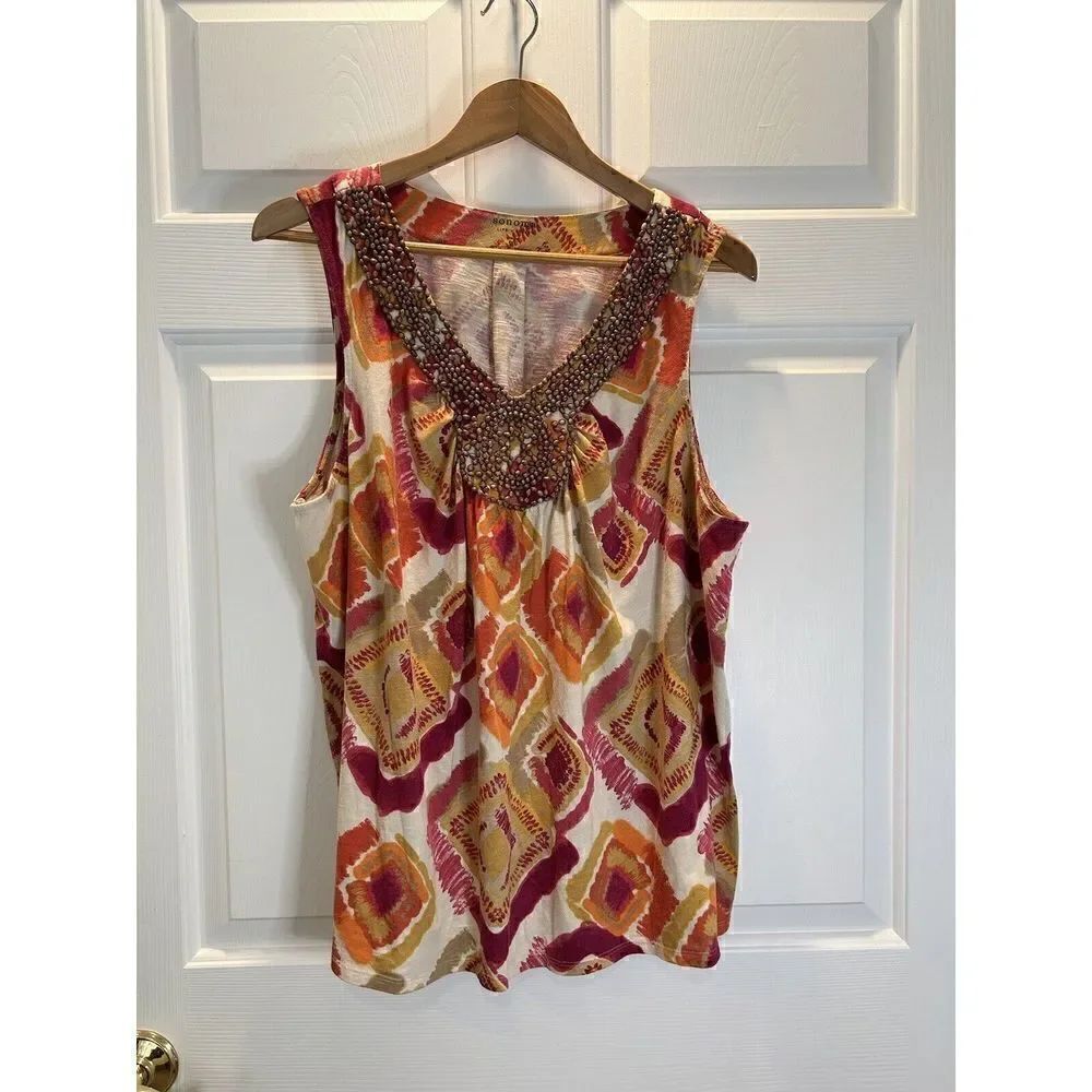 Sonoma Womens Size 1X Tank Top Beaded Mauve/Gold/Orange Aztec